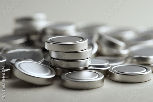 Macro photograph of button cell batteries in a loose heap with soft shadows and metal casings
