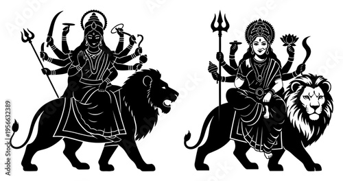 Hindu Goddess Durga sitting on a Lion set, Indian deity Parvati silhouette, Devi Durga Maa illustration with multiple arms and trident