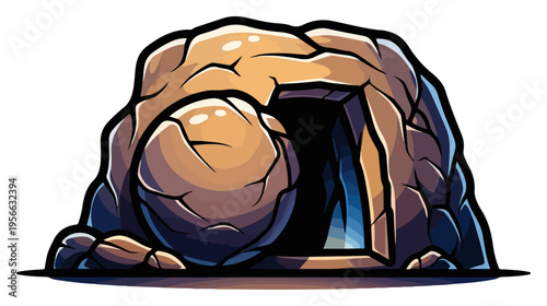 Empty tomb of Jesus with rolled away stone, Easter resurrection of Christ biblical illustration, Christian religious tomb in cave