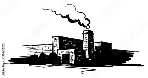 Industrial factory building with smoking chimney, power plant architectural sketch, manufacturing facility silhouette