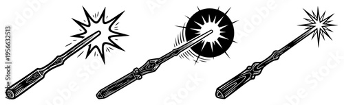 Magic wand set with spells and sparks, vintage wizard staff icons, fantasy mystery symbols isolated on white