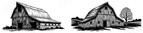 Vintage farm barn set, old wooden farmhouse in rural landscape, agricultural building sketch in woodcut style