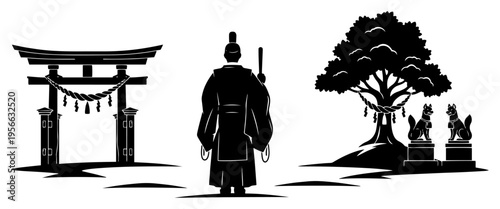 Shinto shrine elements set, Japanese Torii gate with priest and sacred tree, traditional Inari fox statues and religious symbols