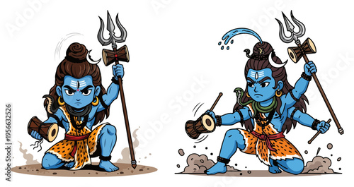 Lord Shiva cartoon mascot set, cute chibi Hindu deity with trident and drum, religious mythology character illustration