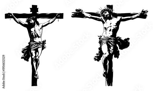 Jesus Christ on the cross silhouette, religious crucifixion symbol for Christianity faith and church, Catholic sacred icon isolated on white