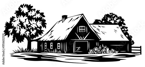 Rustic farmhouse cottage with tree silhouette, rural countryside residence in vintage woodcut style, village home architectural sketch