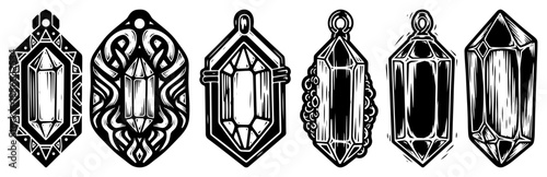 Crystal pendants and mystical amulets set, ornate gem stone necklaces in vintage woodcut style, esoteric jewelry icons