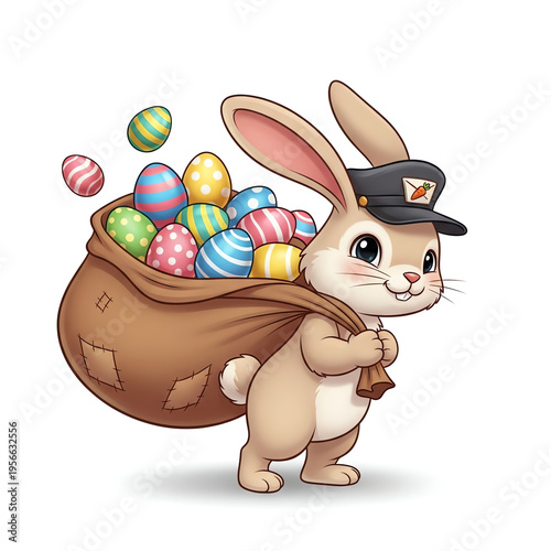 Adorable Cartoon Easter Bunny Postman Delivering a Sack Full of Brightly Colored Eggs, Isolated on White Background