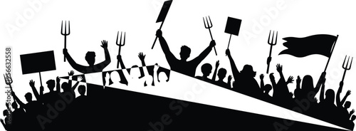 Protest silhouette illustration, large crowd of people raising arms with signs, pitchforks, and flag, activism and uprising theme, vector art, black isolated bold design