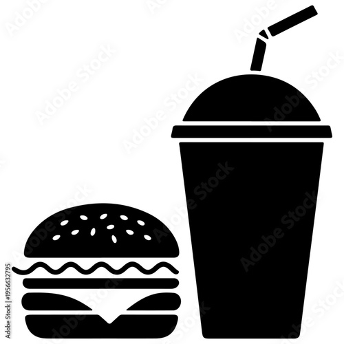 Black silhouette vector icon of a classic cheeseburger with sesame bun and a soda drink with straw, fast food combo