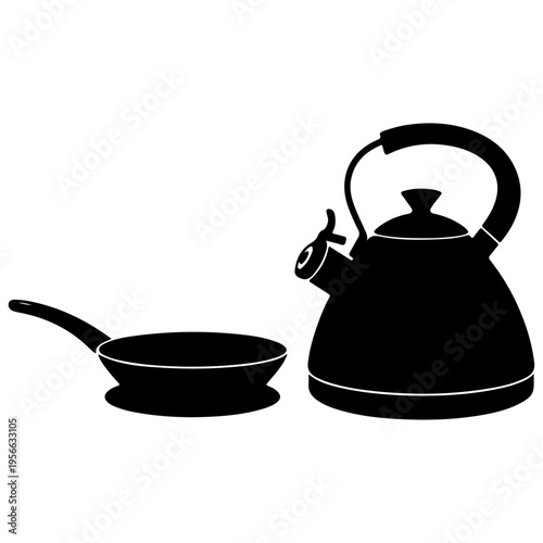 Black silhouette vector illustration of a frying pan and a whistling kettle, kitchenware essentials