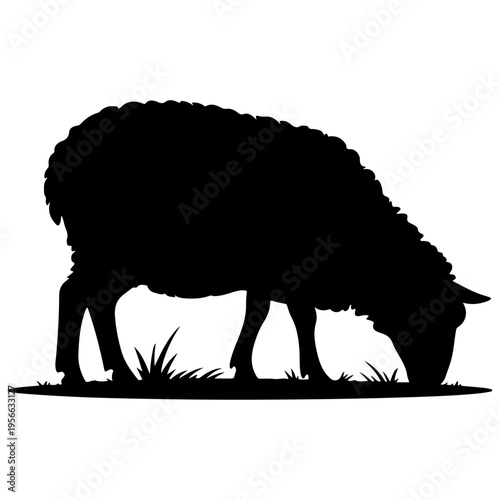 Black silhouette of a sheep grazing on grass, isolated vector illustration for farm and nature designs