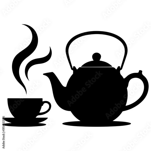 Black silhouette vector icon of a steaming teacup and a traditional teapot, perfect for hot beverage designs