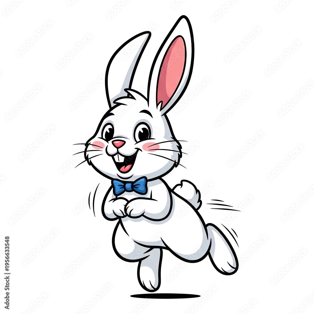 Fototapeta premium Cheerful White Cartoon Bunny Rabbit with Blue Bow Tie Happily Hopping and Smiling, Isolated Vector Illustration for Easter and ...