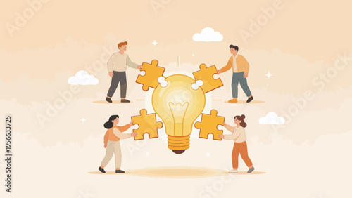 People assembling puzzle pieces around light bulb