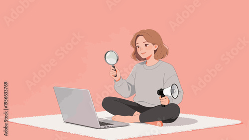 Woman with magnifying glass and megaphone