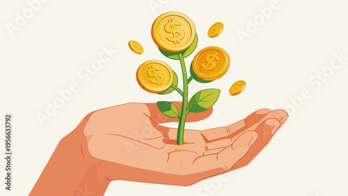 Hand holding plant with coins