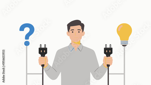 Man holding plugs and light bulb