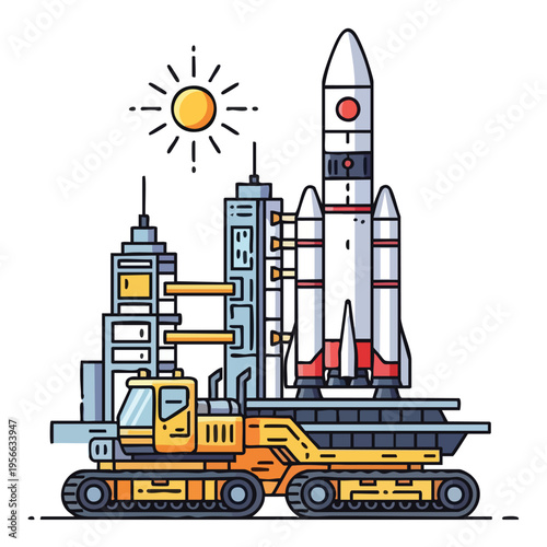 Rocket on launch pad with city background vector illustration isolated on transparent background