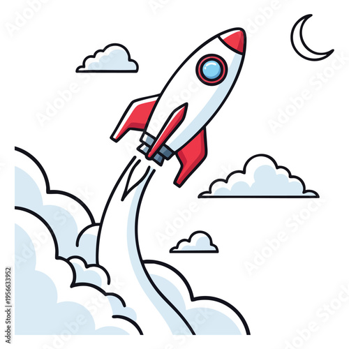 Rocket flying in sky cartoon vector illustration isolated on transparent background