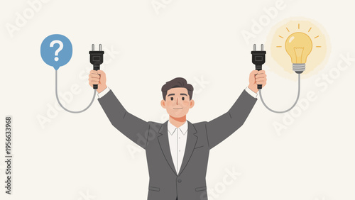 Businessman holding plug and light bulb