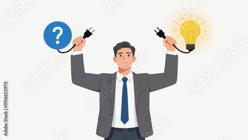Businessman holding question mark and light bulb
