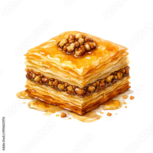 A beautiful watercolor clip art illustration of Turkish baklava, featuring crisp golden pastry layers filled with chopped nuts and drizzled with sweet syrup.