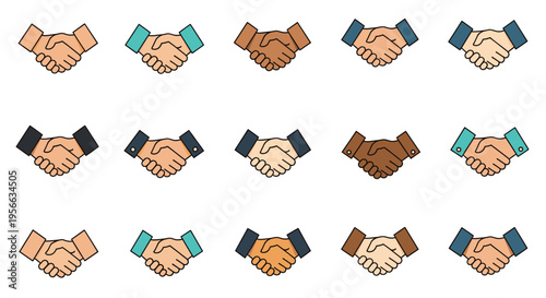 Collection of diverse handshake icons showing agreement or partnership. Business deal and cooperation concept. Vector illustration for design