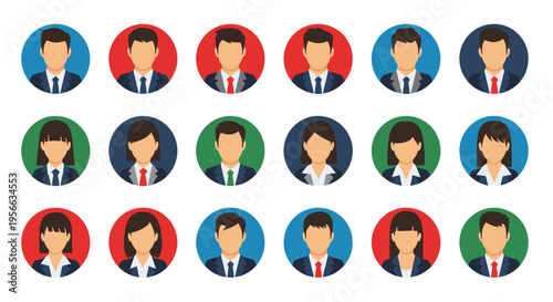 Diverse business people avatar icon set for profile picture or social media. Man and woman employee user symbol collection. Vector illustration