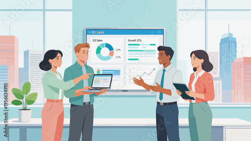 Office workers discussing sales data