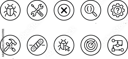 A set of icons related to debugging and fixing