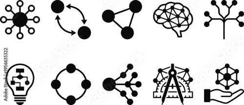 A collection of black and white icons representing connections and networks