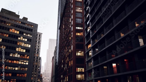dusk narrow canyon office towers, glowing windows and steel balconies, deep perspective and cinematic grain, rainless haze and warm interior light, late shift