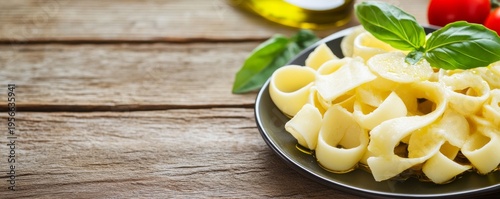 Close-up of fresh, al dente pasta with golden olive oil and basil on a rustic wooden table. Emphasizes simple, healthy Italian cuisine.,pasta,healthyfood