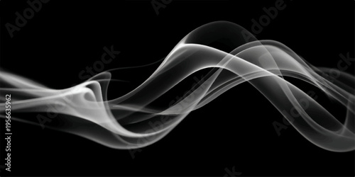 elegant wisps of smoke dance gracefully against a stark black backdrop, creating an abstract display of form and movement, captured in a monochrome photographic study.