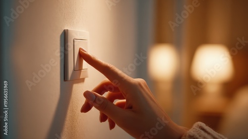 Close-up of a female finger turning off a wall light switch in a modern home