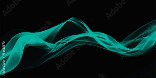 Abstract ethereal turquoise waves dance gracefully against a stark black backdrop. This striking artwork evokes a sense of fluid movement and vibrant energy.