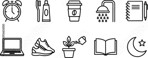 A collection of daily life icons in black and white