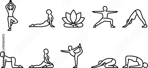 Yoga poses and lotus flower in simple line art
