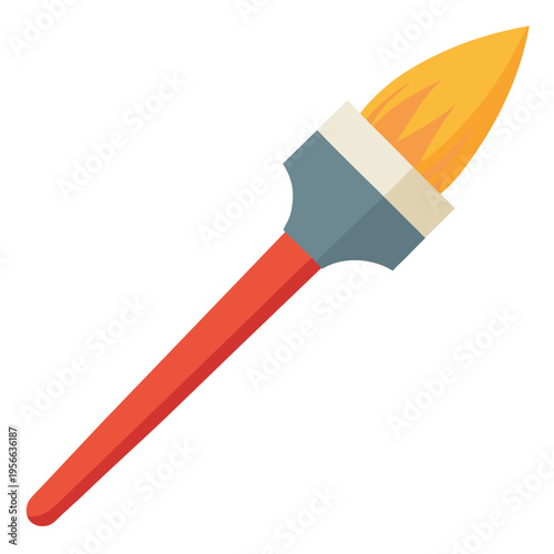 Slender artist fine tip paintbrush with bright red handle and yellow paint on bristles ready for detail work