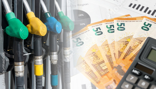 Fuel nozzles and euro banknotes. Rising fuel prices concept. Transport costs and energy expenses. Inflation impact on economy and mobility. Financial pressure of refueling and fuel market crisis.