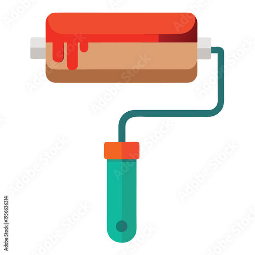 Professional paint roller tool with dripping red color for home improvement and renovation projects