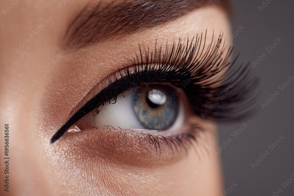 Naklejka premium Macro portrait of an eye featuring ultra-long lashes and sleek black liner for a beauty editorial look