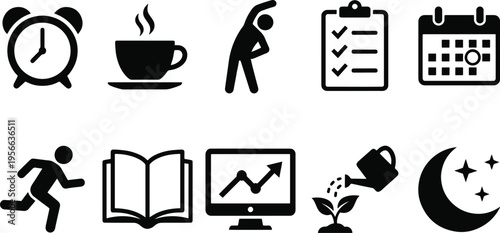 A collection of black and white icons for daily life