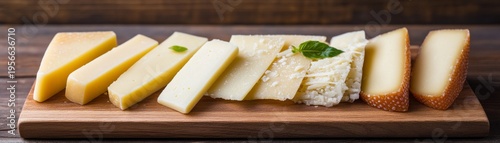 Diverse Cheese Assortment on Wood Board Sliced and Shredded Italian Cheeses with Basil, a Gourmet Delicatessen Display. Food, Dairy