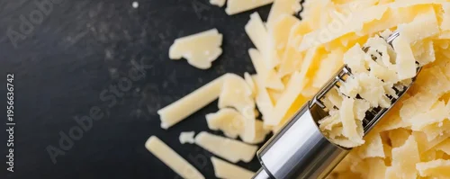 Obraz  z motywem Dynamic close-up A metal grater actively shaves fresh, golden Parmesan cheese onto a dark slate, showcasing culinary preparation and delicious texture. Food, Dairy