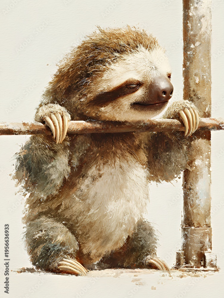 Naklejka premium Serene Sloth Perched: Watercolor Art of a Gentle Tree-Dweller