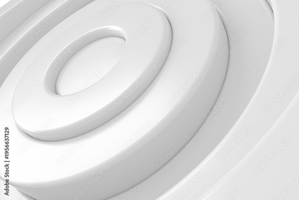 Fototapeta premium Concentric white circular tiers background with soft highlights for modern minimalist wallpaper and product display design .3d render