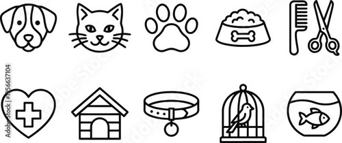 Black and white line drawing of various pet related icons