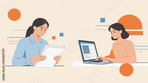 Two women working with documents and laptop